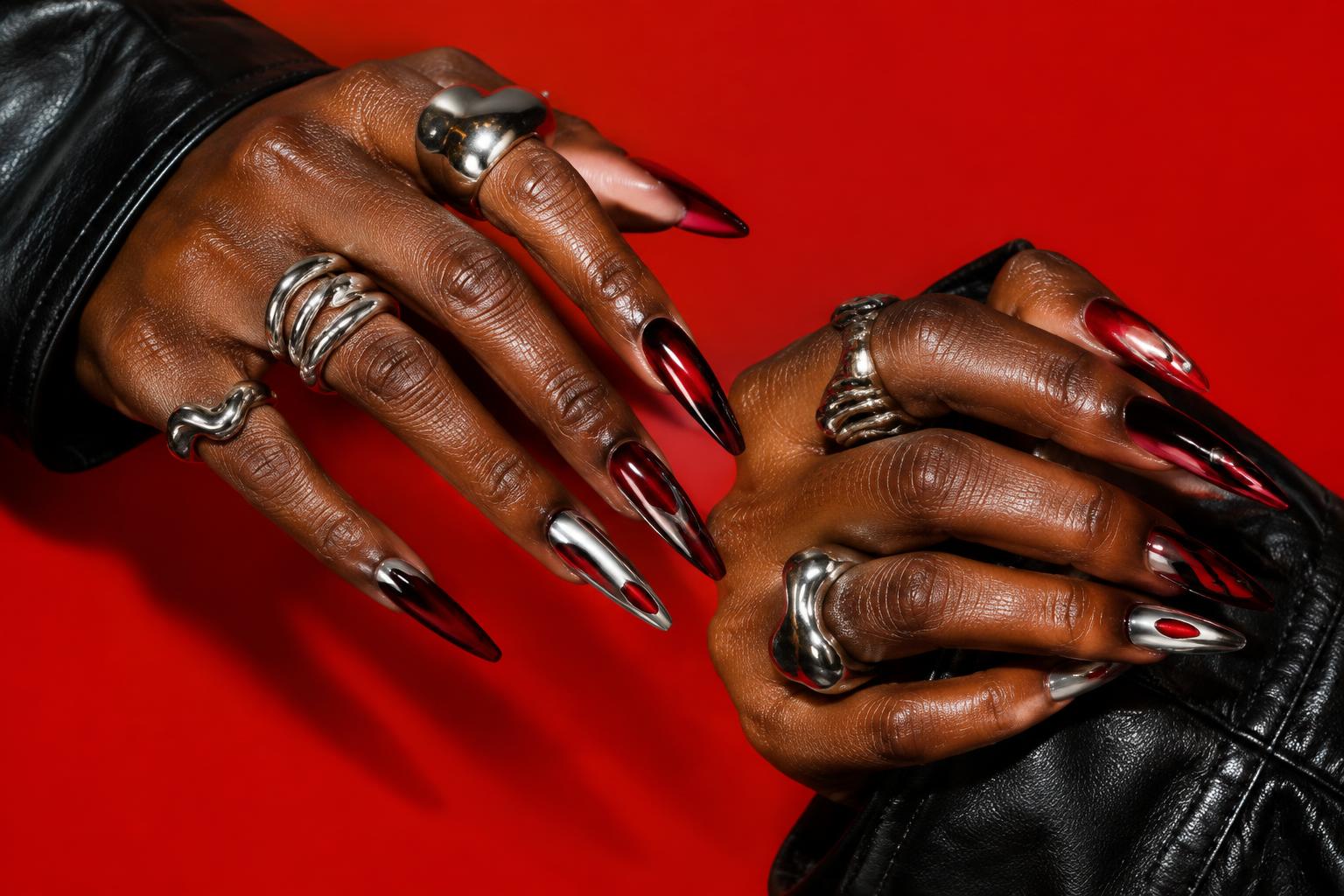 Red and black statement nails in an editorial campaign